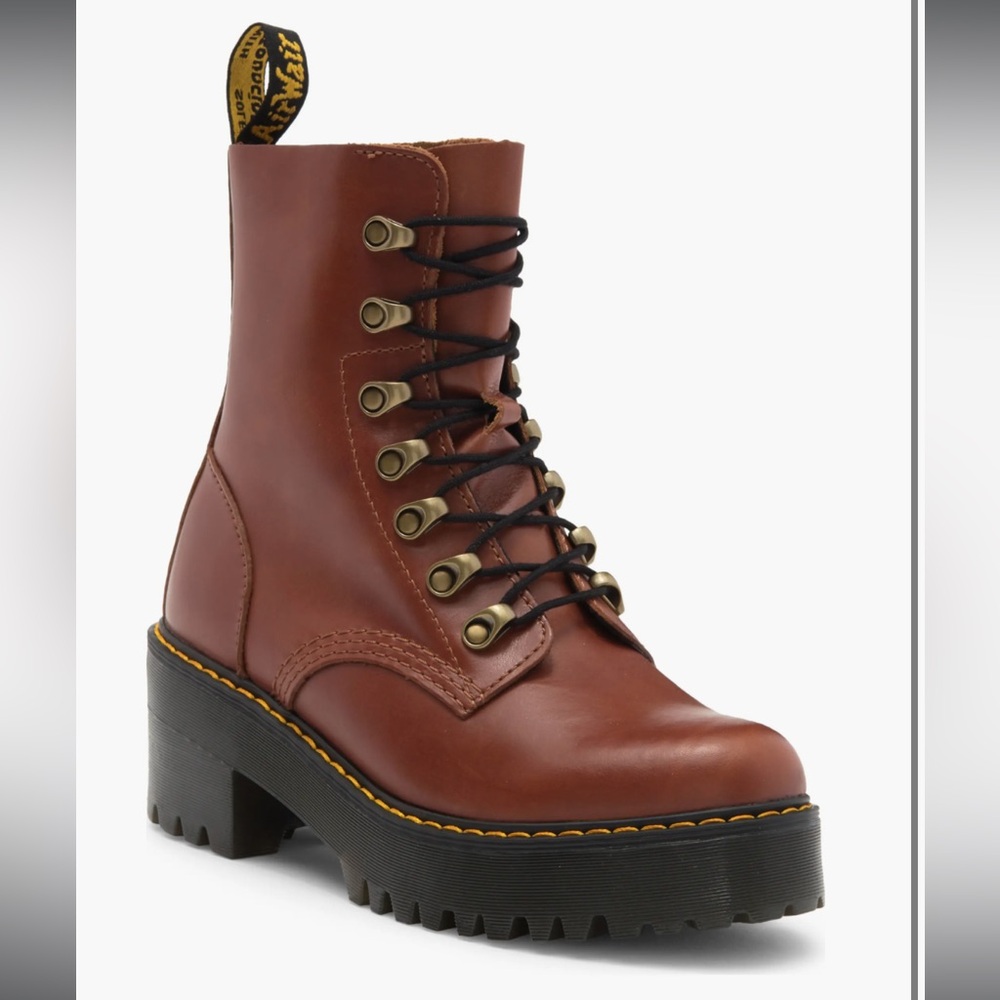Dr. Martens Leona Combat Boot, Brown/Saddle Tan Ferrier Women Size 7/38
